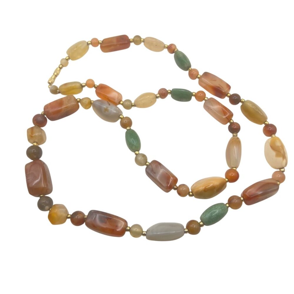 Multicolor Carnelian Agate Beaded Necklace 33" Gold-Tone Barrel Earthy Boho - Picture 3 of 14